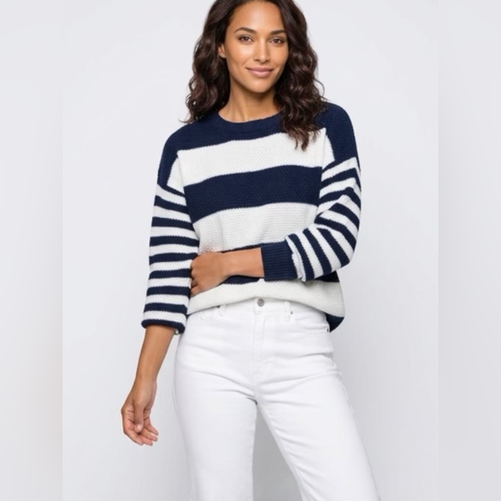 Zenana Outfitters Navy and White Striped Crewneck Sweater